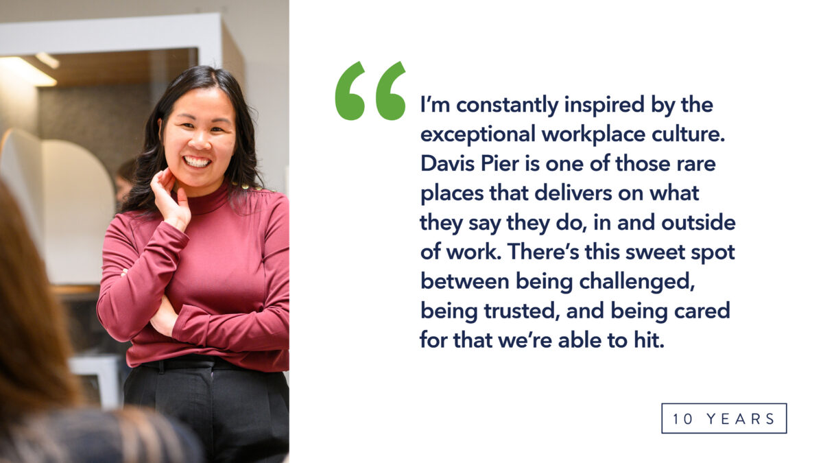 A quote graphic with a portrait photo and a quote about the exceptional workplace culture at Davis Pier.