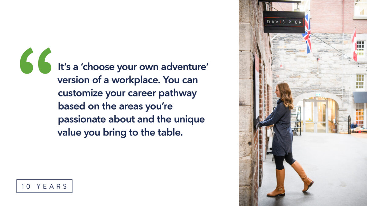 A quote graphic about a choose-your-own-adventure workplace, with a photo of a person walking through a bright office.