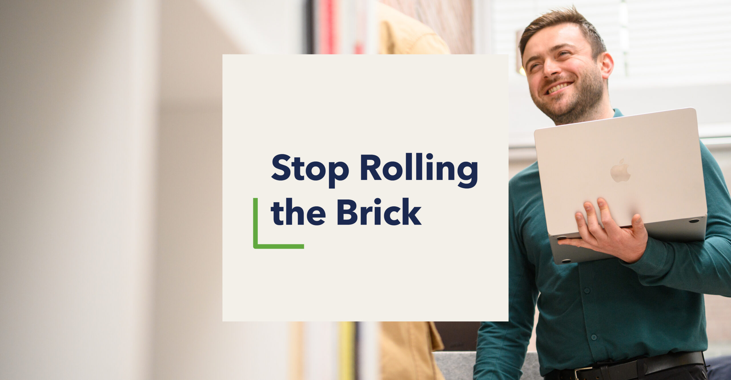 Social graphic reading Stop Rolling the Brick beside a photo of a Alex Cotaras holding a laptop near bookshelves.