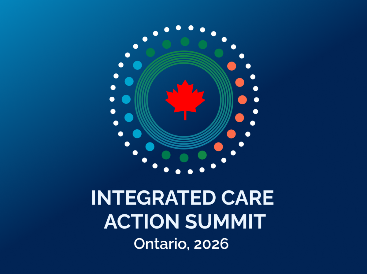 Image is of a red maple leaf in a circle with dots around it. Below reads "Integrated Care Action Summit Ontario, 2026"
